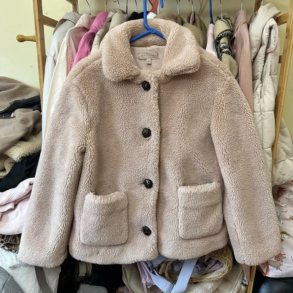 Philosophy Fuzzy‎ Coat Jacket Womens Small Faux Fur Button Up Pink